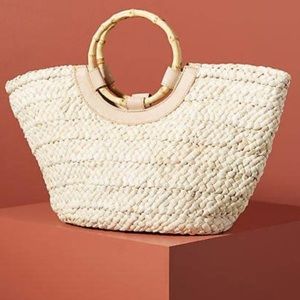 Anthropologie Alexa Ring Handle Tote Bag Straw tan